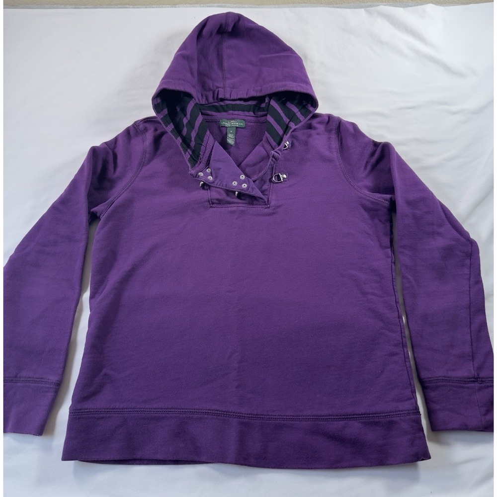 LRL Ralph Lauren Women M Purple Hoodie Crossover Neck Hook Eye Cotton Pullover